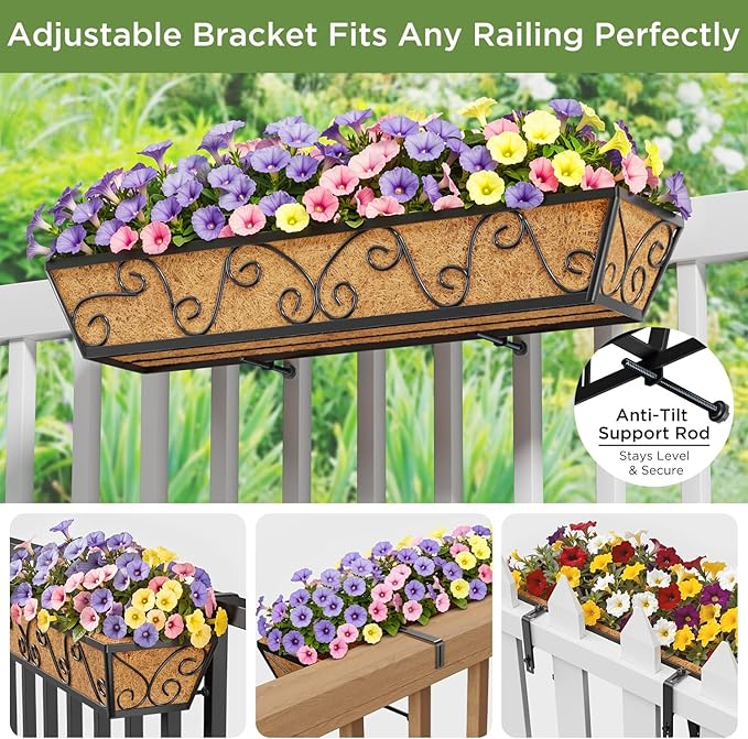 Y&M 30 Inch Butterfly Window Box Planter. Railing Planters for Outdoor Plants, Over the Railing Planter Boxes & Wall Mount, Rust-Resistant Steel with Coco Coir Liner for Balcony, Deck - 4 PCS