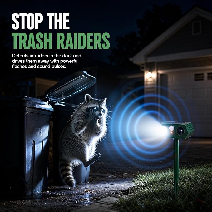 4Pack Sonic Fortress Pro Deer Repellent Outdoor, 2026 Solar Ultrasonic Animal Repeller with Motion Activated Strobe Light to Keep Squirrel Raccoon Rabbit Cat Pests Out of Yard Skunk Deterrent