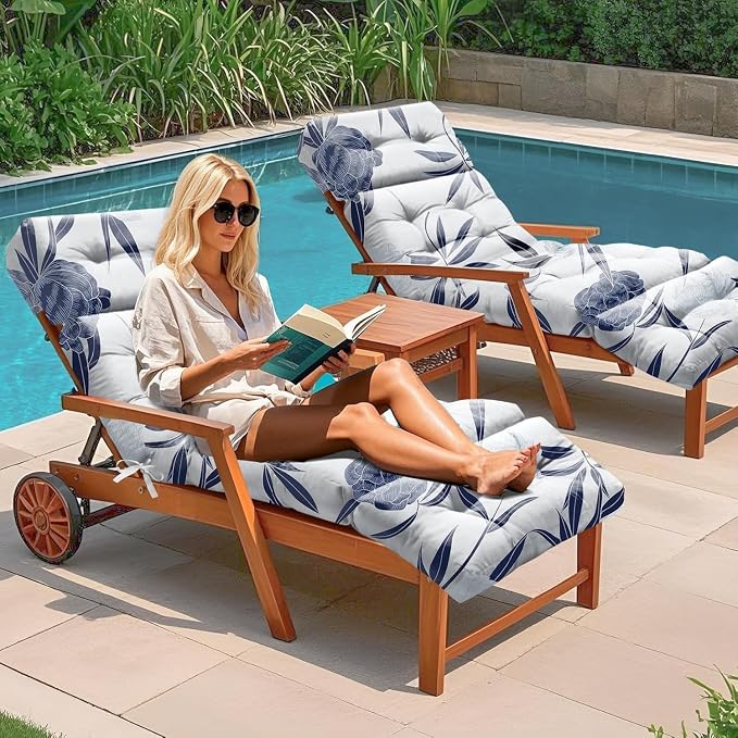 2 Pack Outdoor Chaise Lounge Chair Cushion 75.1 x 22.8 x 4.7 Inches 100% Waterproof Replacement Cotton Patio Pool Lounge Chair Cushion for Outdoor Furniture with Ties, Blue Enchantress