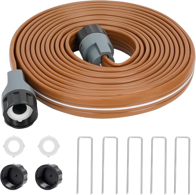 Sprinkler Soaker Hose 15 FT, Watering Hose with Holes, High-Efficiency Water-Saving Sprinklers System for Lawn and Garden with Staples