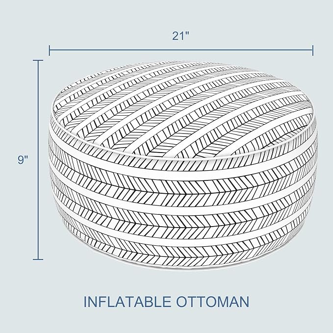 LVTXIII Indoor/Outdoor Inflatable Ottoman with Handle D21 x H9 Inch, Weather-Resistant Round Footstool Pouf for Patio Camping Living Room, Portable Footrest Extra Seating, Herringbone Black White