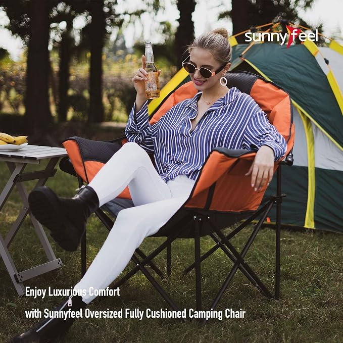 SUNNYFEEL Oversized Camping Chair Heavy Duty 500 LBS Portable Folding Chairs Orange Large Sofa Chair for Beach, Trip, Picnic, Lawn, Outdoor Camp Chair for Adults & Carry Bag