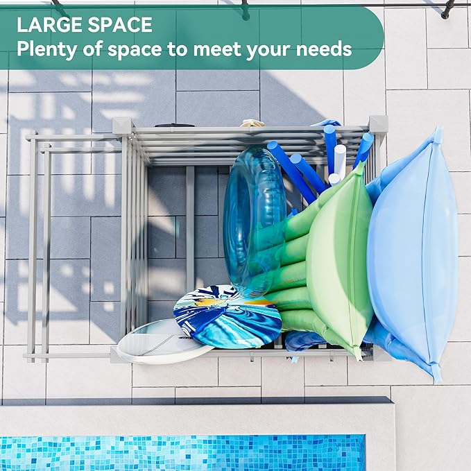 YITAHOME Pool Storage Bins with Towel Rack & 6 Moveable Hooks, Large Pool Noodle Holder Organizer, Outdoor Waterproof Poolside Float Storage for Goggles, Beach Balls, Floats Equipment (Light Gray)