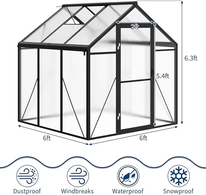 Garvee 6 x 6 ft Greenhouse, Greenhouses for Outside, Polycarbonate Greenhouse with Aluminum Frame, Lockable Door and Ajustable Roof Vent for Backyard, Green Houses for Outside Garden Backyard, Patio