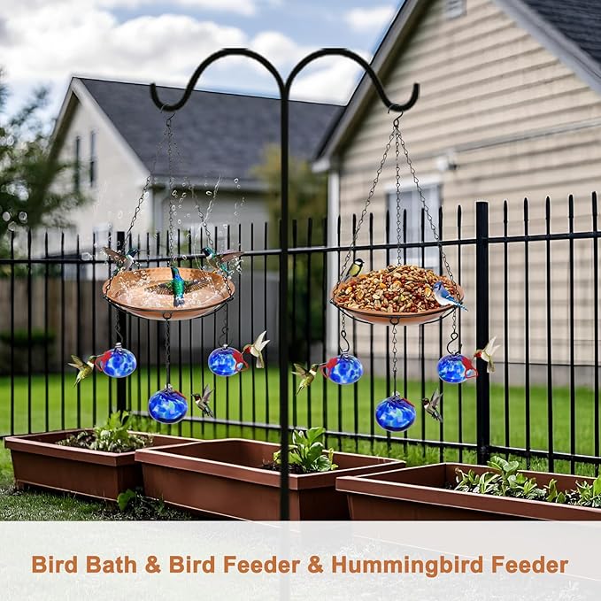 Wind Chimes Hanging Bird Feeders for Outdoors ＆ Bird Bath ＆ Hummingbird Feeders for Outdoors 3-in-1,Hand Blown Glass Hummingbird Feeder Balls,Detachable Feeder ＆ BirdBath(11in)(Phoenix Tail Blue)