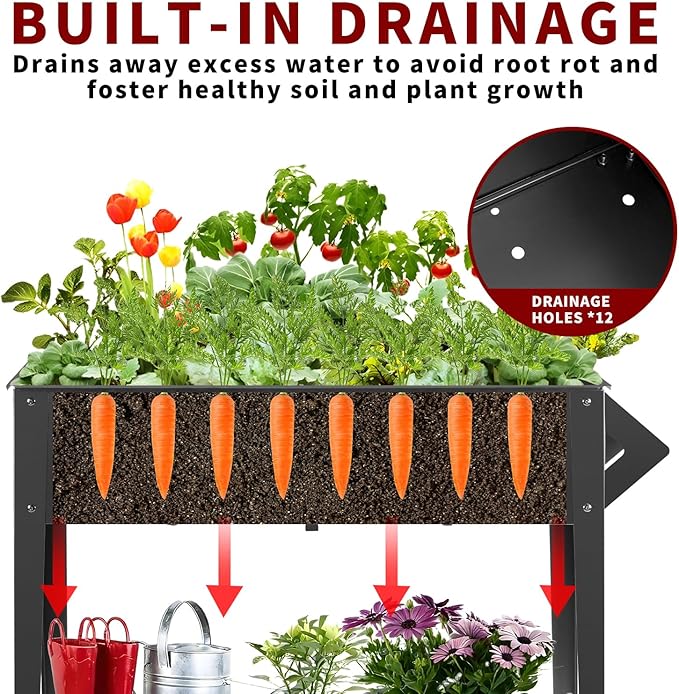 DNKMOR 32" Tall Raised Garden Bed Outdoor with Wheels & Storage Shelf or Mobility,Mobile Anti-Rust Steel Planters for Outdoor Plants,Planter Box for Vegetables/Flower/Herbs,Patio-Balcony-Backyard