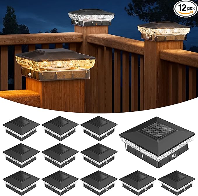 APONUO Solar Post Cap Lights for 4x4 Wood &Vinyl Posts, 3 Light Modes & 800mAh Battery, IP65 Waterproof Rugged Unibody, Solar Outdoor Lights for Fence, Deck & Patio (Black, 12 Pack)