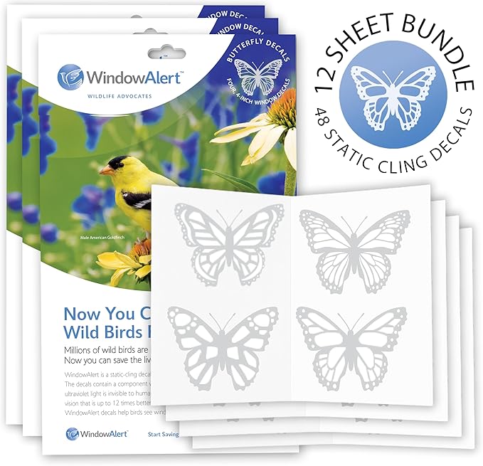 WindowAlert Butterfly Anti-Collision Decal 12 Pack - UV-Reflective Window Decal to Protect Wild Birds from Glass Collisions - Made in The USA