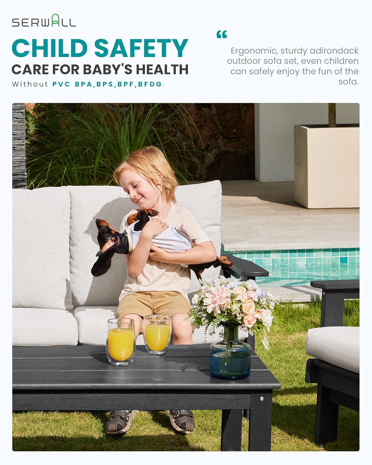 SERWALL HDPE Outdoor Patio Loveseat, Grey Frame and Khaki Cushion