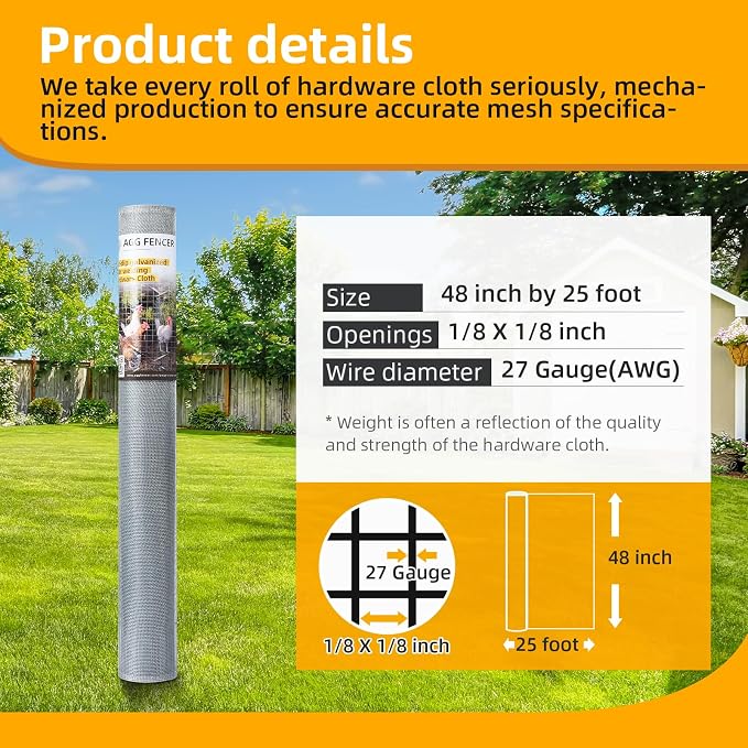 48in x 25ft Hardware Cloth 1/8 inch 27Ga Hot Dipped Galvanized After Welding, Chicken Coop Wire Fence, Welded Metal Fencing Roll Mesh for Bee Screen Garden Plant Poultry Animal Netting Cage