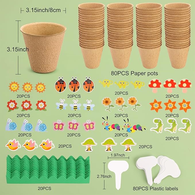 Ayfjovs 80 Pack Garden Paper Pot Craft Kit, Spring Crafts for Kids Bulk-80 Pack Paper Peat Pots with 300PCS Adhesive Foam Stickers and 80pcs Labels for Kids Science, Garden Gift, Classroom Decoration