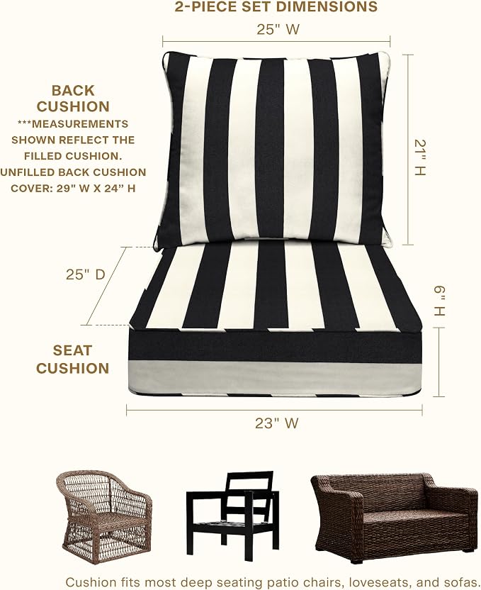 Honeycomb Outdoor Heritage Deep Seat, 23 x 25, Cabana Stripe Black & Ivory Chair Cushion with Removable Cover, for Patio Furniture