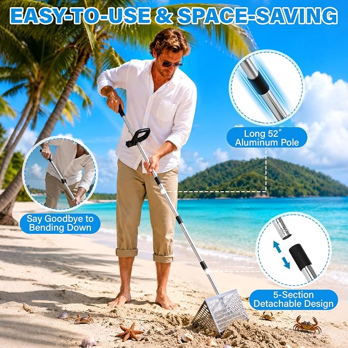 Sand Flea Rake, Sand Flea Rake Stainless Steel – 16" Wide Stainless Steel Sand Sifter for Shark Teeth, Shells & Sand Crabs, Collapsible Design with Drain Screen