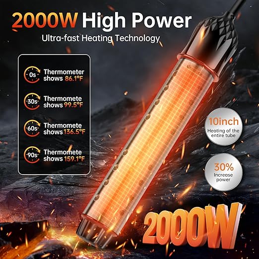 Portable Water Heater for Buckets & Tubs, 2000W Immersion Heater with Intelligent Shut-Off, Stainless Steel Guard & Digital Temperature Sensor, Fast Heating for Backyard Pools, RVs & Home Use