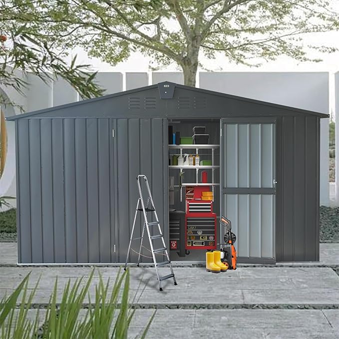 Christopher Knight Home Avonn Backyard Storage Shed 11'x 9' with Galvanized Steel Frame & Windows, Outdoor Garden Shed Metal Utility Tool Storage Room with Lockable Door for Patio(Dark Gray)