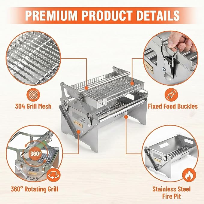 Portable 360° Rotating Charcoal Grill with Flipping Basket, Stainless Steel Flip BBQ Grill for Camping & Outdoor, Easy to Clean Detachable Design, New Upgrade