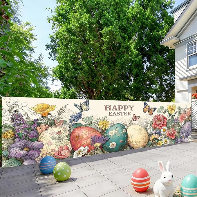 Happy Easter Fence Banner 118 x 35 Inch, Large Waterproof Outdoor Easter Eggs Banner with Flowers & Butterflies for Yard Porch Fence Spring Decorations