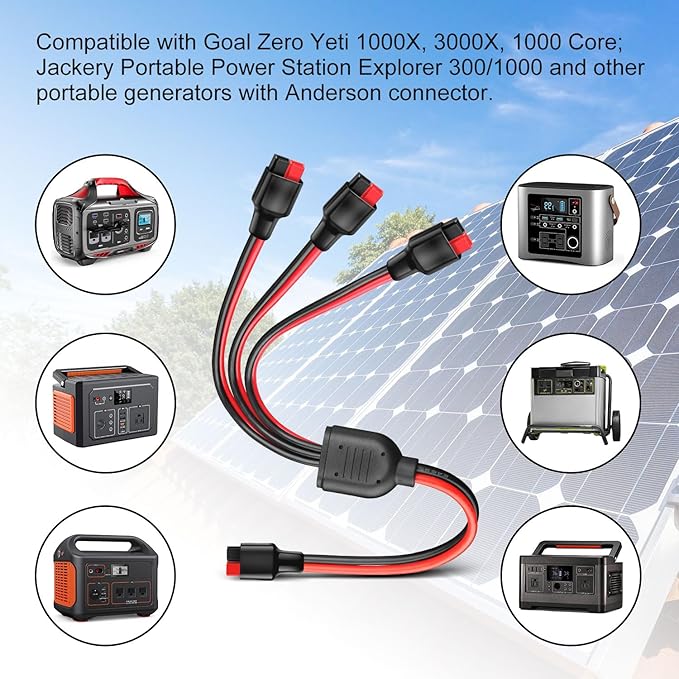 Anderson Y Splitter Cable Solar Panel Connector 1 to 3 Branch Parallel Adapter Cable for Portable Solar Generator Power Station Compatible with GZ Jackery High Power Pole Port Connector