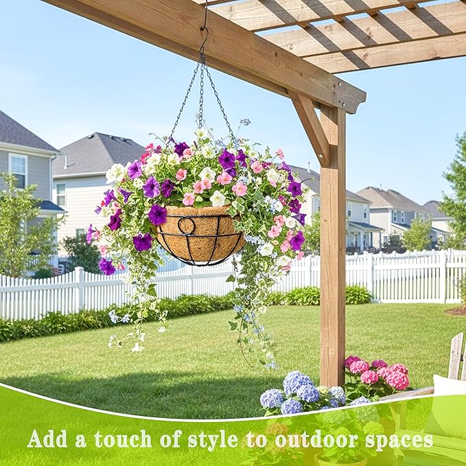 4 Pack 14" Round Metal Hanging Basket for Outdoor Plants Durable Large Hanging Planter with Coco Coir Round Plant Holders Planter for Outside Garden Decoration (Circular)