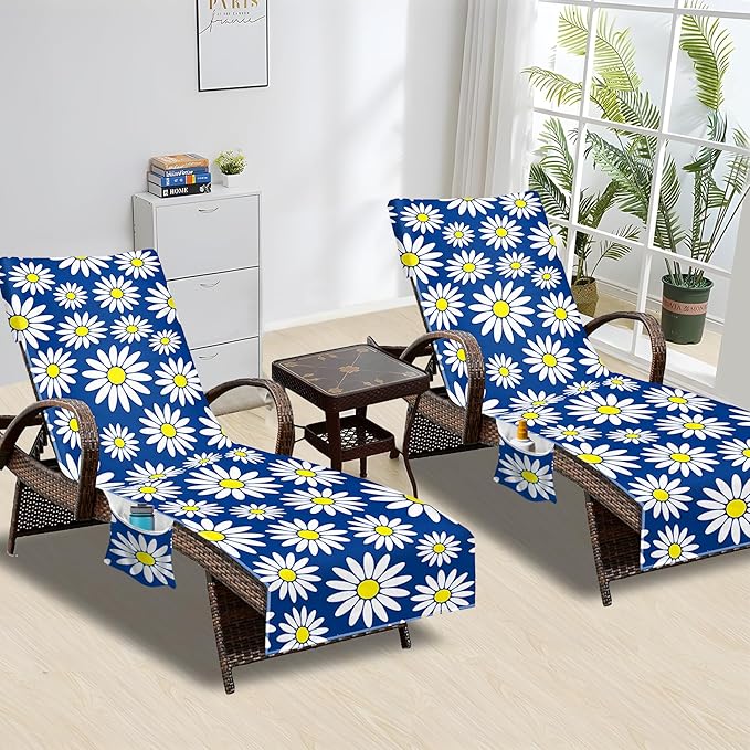 Lounge Chair Towel Cover, Beach Chair Cover (Pack of 2), Pool Lounge Chair Covers for Outdoor,Garden, Beach,Sun Lounger,Hotel Pool,Large Size and No Sliding, 85" X 30", Royal Blue Daisy