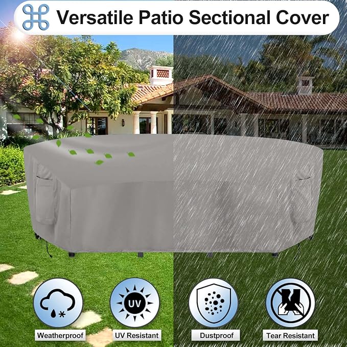 OutdoorLines Waterproof Curved Outdoor Sectional Cover - UV Resistant Windproof Patio Sectional Sofa Covers for Deck, Lawn and Backyard, Heavy Duty Furniture Covers (150Lx36Dx38Hx112FL, Grey)