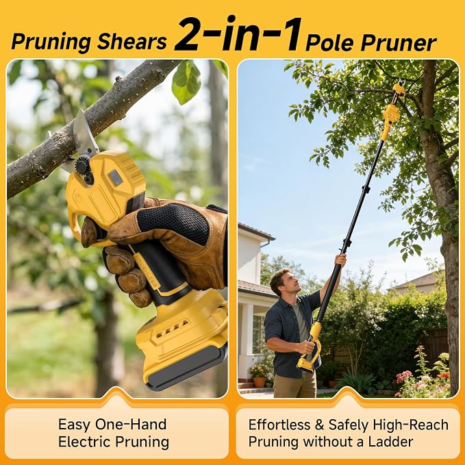 2-in-1 Electric Pruning Shears with Extension Pole Compatible with Dewalt 20V Max Battery(No Battery), Cordless Power Pruner with 15 FT Reach, 1.2" Cutting Diameter, LCD Display for Tree Trimming