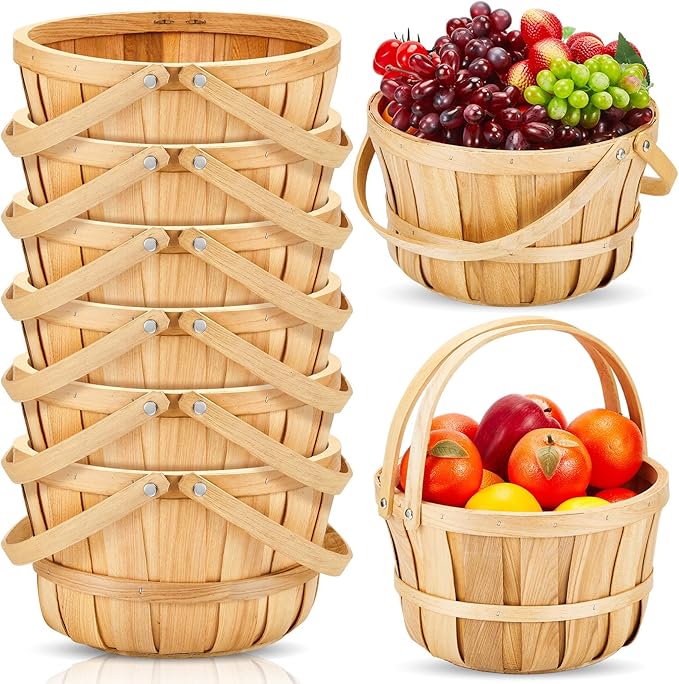 Marsui 6 Pcs Large Wooden Apple Basket 11 x 6.5'' Wicker Fruit Bushel Baskets with Handle for Garden Storage Organizing Farmers Personal or Commercial Use