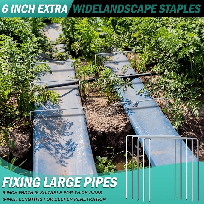 Wonderjune 80 Pack Heavy Duty Wide Landscape Staples, 7 Gauge Galvanized Steel Turf Stakes Garden Stakes Bulk, U Type Anchor for Grass, Securing Weed Barrier Fabric, Pipes, Sod (8"x6")