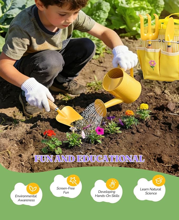 8Pcs Kids Gardening Set with Metal Basket & Real Metal Tools, STEM Outdoor Kit, Ergonomic Wooden Handles, 3 Shovels, Rake, Watering Can, Gloves, Gift for Toddler Boys Girls, Yellow