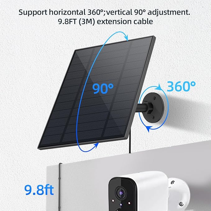 5W Solar Panel for Security Camera, Solar Panel with Micro USB & USB-C Port for DC 5V Outdoor Rechargeable Battery Camera, IP65 Waterproof, 360° Adjustable Security Mount, 9.8ft Cable (2, Black)