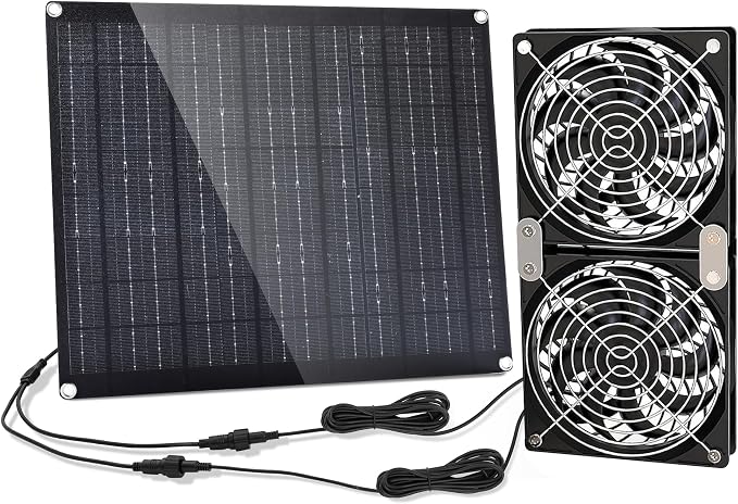 5.5" Solar Fan, Solar Panel Fan, 30W Solar Powered Fan with Dual IPX7 Waterproof Fans for Outside Chicken Coops, Greenhouses, Sheds, Intake or Exhaust Air Fan, Solar Ventilation Fan, Solar Exhaust Fan