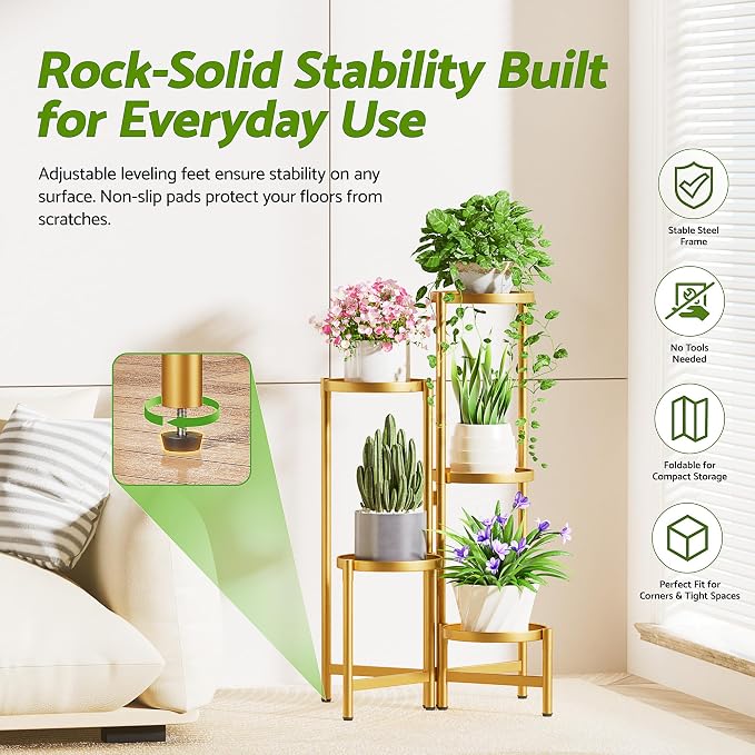 Gold Stand Plants, 5 Tiered Plant Stand Indoor for Multiple Large Planter, Tall Heavy Duty Adjustable Folding Rack with Rustproof 7.9 Inch Wide Tray, Plant Shelf for Corner - GoldDisk