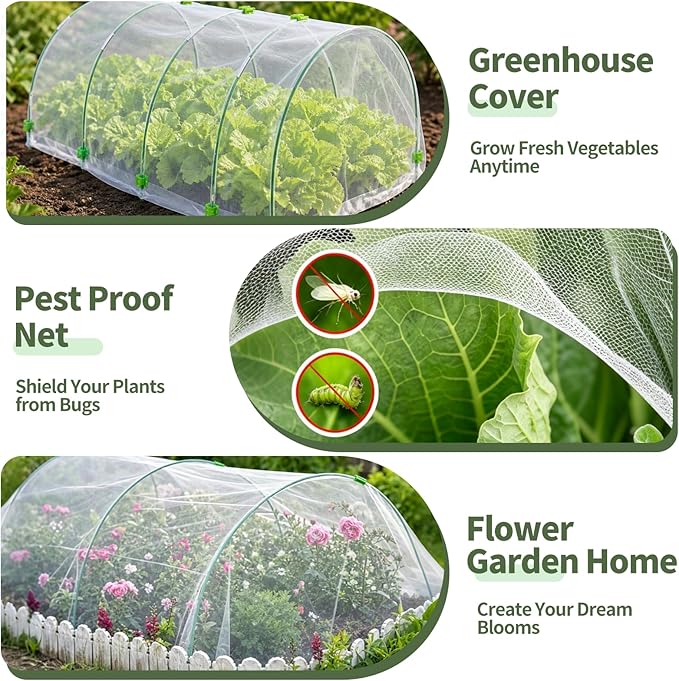 10×20 FT Ultra Fine Garden Mesh Netting with 36PCS Fiberglass Hoops, Reusable Raised Garden Bed Cover for Vegetables Fruits, Outdoor Garden Netting Kits for Greenhouse