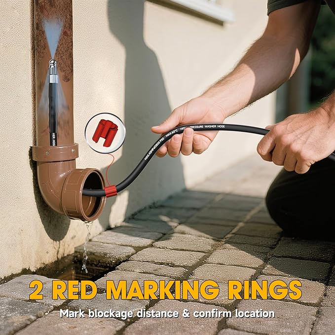 Sewer Jetter Kit for Pressure Washer 150ft – 5800PSI Drain Cleaning Hose 1/4 Inch NPT Corner with Watering Spray Nozzle, Rotating and Button Hose Sewer Jetting Nozzles & Easy-to-Store Strap