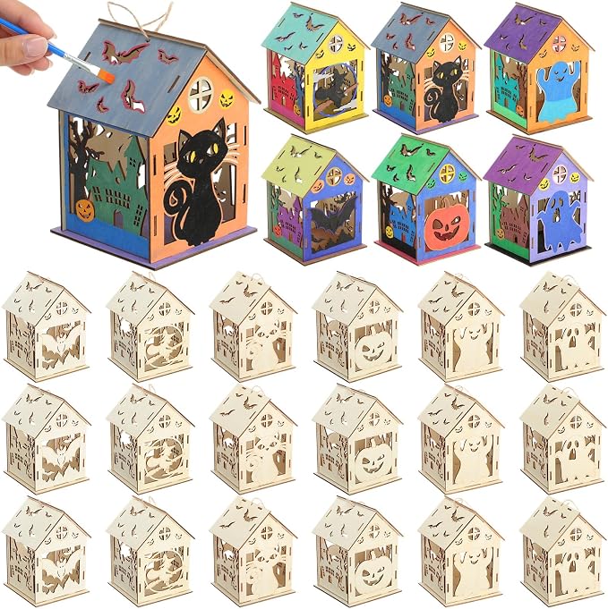DoubleFill 12 Set Halloween Bird House Kits, Buildable DIY Birdhouse for Children, Wooden House, Arts and Crafts Set for Kids Adults Painting Halloween Party Decoration