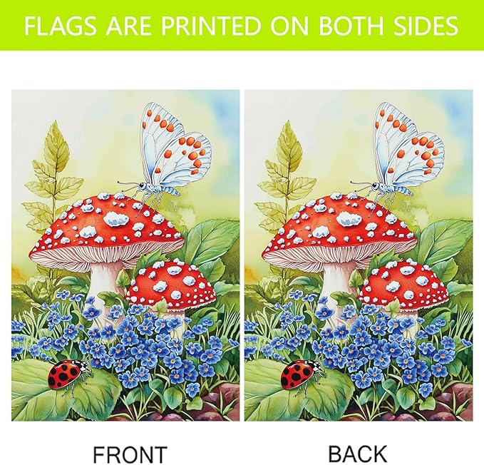Morigins Welcome Mushroom Spring Garden Flag Double Sided Butterflies and Flower Farmhouse Spring Summer Seasonal Yard Decoration House Flag 28×40 inch
