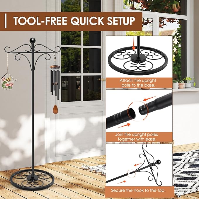 63" Adjustable Shepherd Hook Stand with Round Base Stand for Wind Chime, Bird Feeder, Lantern for Indoor & Outdoor Garden Patio Home Decor. (Double Shepherd's Hook, 63, Inches)