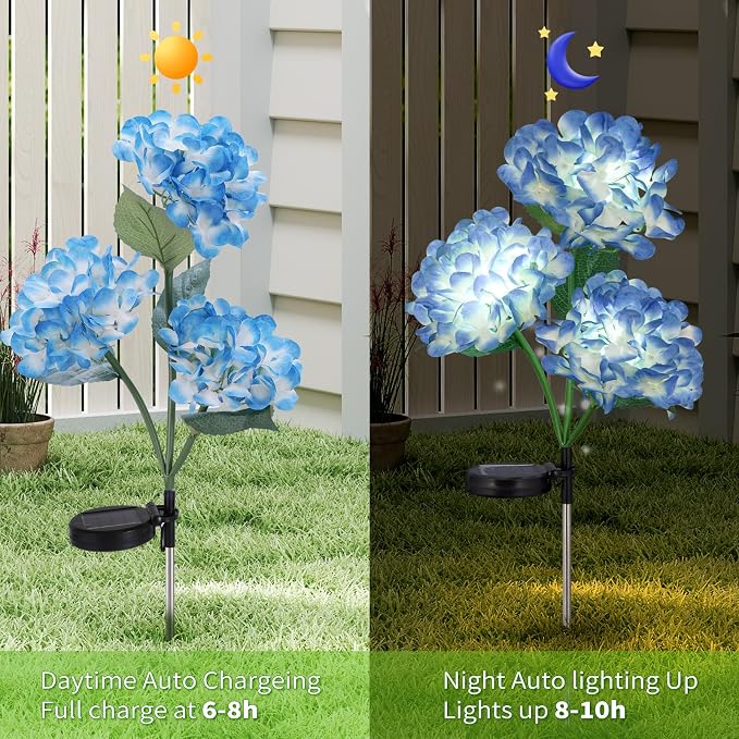 4-Pack Solar Hydrangea Garden Decor, 4 LED Flower Stake Lights - Waterproof Long-Lasting Outdoor Solar Patio Decor for Lawn, Yard & Pathway