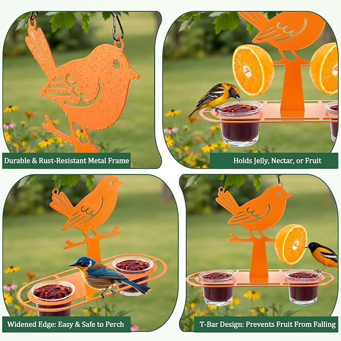 2 Pack Oriole Feeder for Outdoors with Built in Ant Moat, Metal Bird Feeder with 2 Jelly Cup & Orange Holder, Bright Orange Hanging Oriole Feeders for Backyard