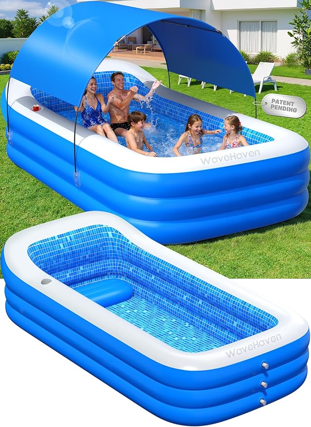 2026 Inflatable Pool with Canopy,Upgraded Blow Up Pool for Adults&Kids,Large Inflatable Pool with Seat and Big Backrest,Kiddie Pool with Shade,Kid Swimming Pool for Backyard 110"x63"x20"Blue