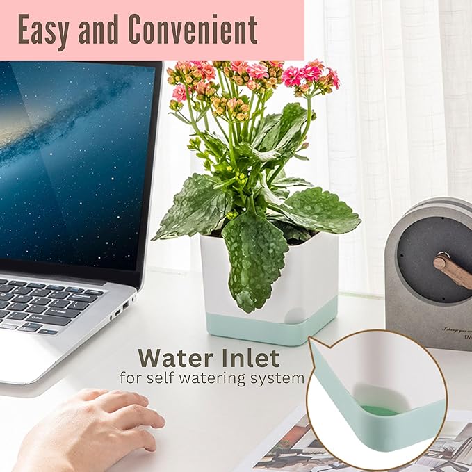 LaLaGreen Bundle- 7 Pack, Small Medium Large Self Watering Planter + 4 Pack, 12 Inch White Geometric Pot Modern Stylish Hanging Vase Decor Windowsill Flower Herb Succulent Holder Boxes Indoor Garden