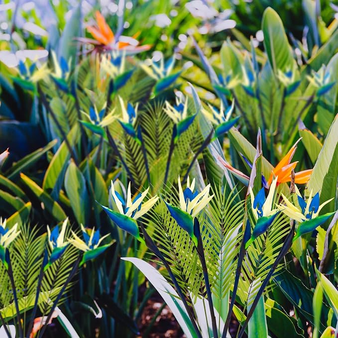 8 PCS Bird of Paradise Artificial Plant Combo Palm Leaves,4 Faux Bird of Paradise Plant with 4 Artificial Palm Leaves for Wedding Garden Office Home Indoor and Outdoor Decor(Blue)
