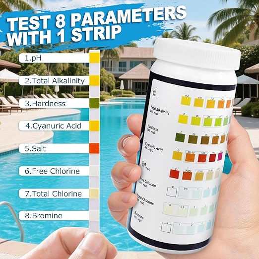 Pooloob 8-in-1 Pool and Spa Test Strips, 150 Count Water Testing Kit for Saltwater & Chlorine Pools - Tests pH, Salt, Free Chlorine, Bromine, Alkalinity, Hardness, Cyanuric Acid & Total Chlorine