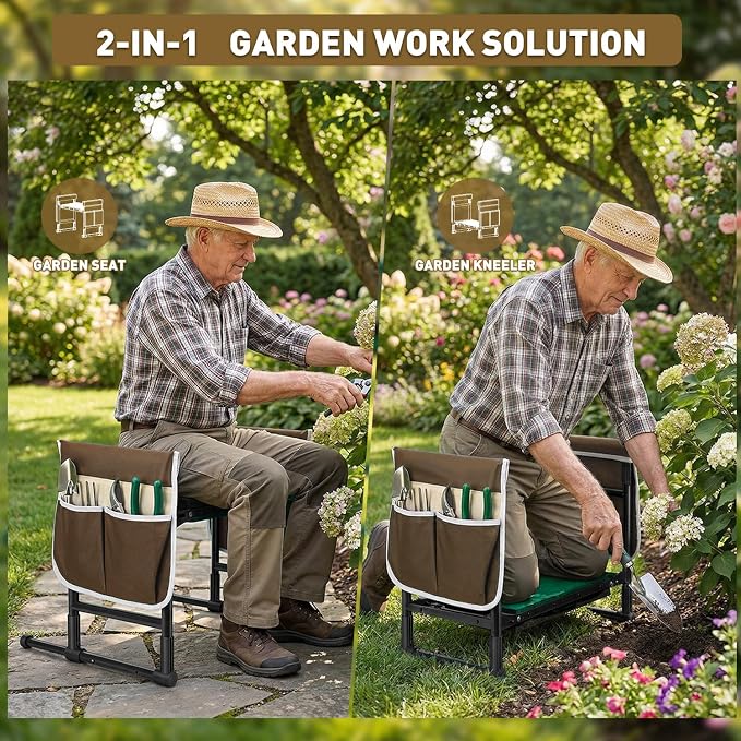 Garden Kneeler and Seat for Seniors – Heavy Duty Anti-Tip Gardening Stool with Widened Thick Soft Kneeling Pad, Foldable Garden Bench with Sturdy Handles, Gardening Gifts for Women Men Mom (Brown)
