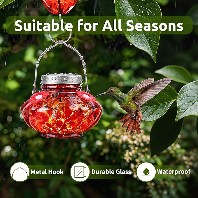 BOLITE Hummingbird Feeders for Outdoors, Hand Blown Top Fill Hummingbird Feeder, Glass Mason Jar with 4 Flower Feed Ports, Easy to Clean, Leak Proof, Bee Proof, Ant Moat, Red, Gift for Bird Lovers
