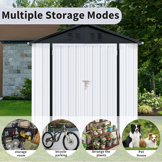 6FT x 4FT Outdoor Metal Storage Shed with Apex Roof – Durable Steel Garden Shed in White & Black, Weather-Resistant for Backyard, Patio & Lawn (Lockable, Easy Assembly, Tool Storage, Bike Shed)