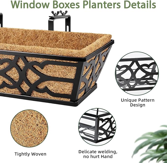 2 Pack 30 Inch Railing Planter Boxes with Coco Liner, Large Metal Window Boxes Planters for Deck Railing, Extra Wide Hanging Horse Trough for Outdoor Plants and Balcony Rails