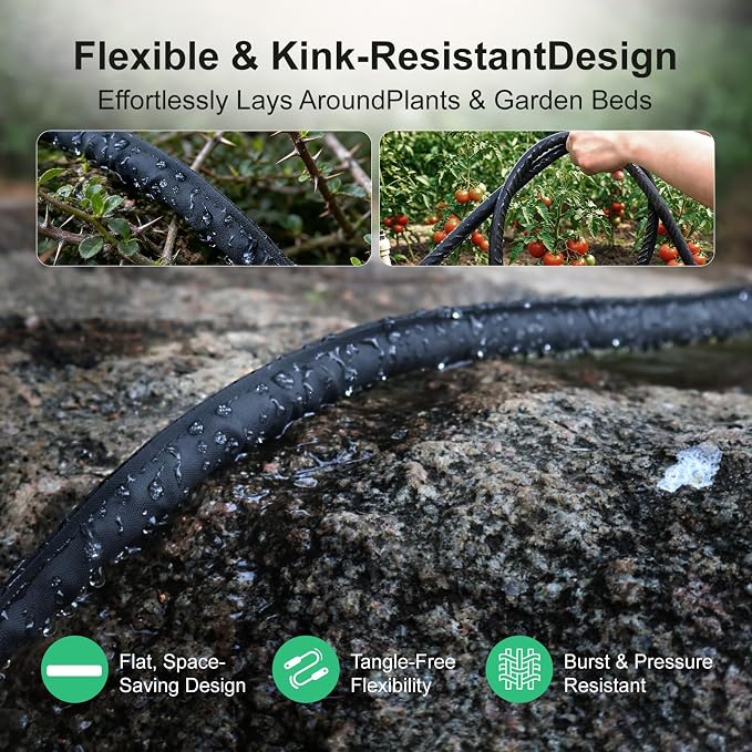 Flat Soaker Hose 25 ft 2-Pack with Splitter, 80% Water-Saving Drip Irrigation Hose 50 ft, Linkable DIY Garden Soaker Hose System for Garden Beds, Lawn, Vegetables & Trees (25ft 2-pack)