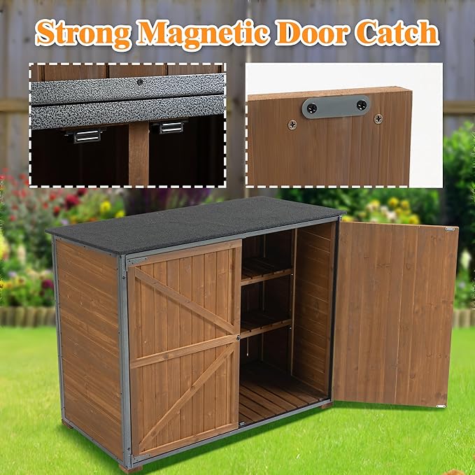 YOPTO Outdoor Wood Storage Cabinet,Garden Shed Tool with Metal Frame Structure and Waterproof Sloping Roof,Backyard Building w/ 3 Compartments & Latch,Furniture for Lawn,50.4"L X 26.8"W X 41"H,Brown