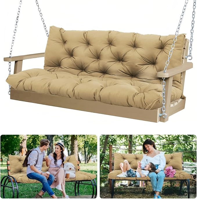 Porch Swing Cushions 48 inch 2 Seater Waterproof Outdoor Replacement Cushions with Backrest Thicken 5" Cushions for Porch Swing for Patio,Outdoor,Backyard and Garden(Khaki 48×40×5inch)